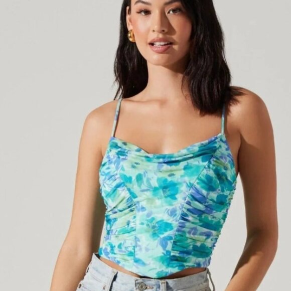 Astr Tops - ASTR The Label Green Blue Ruched Cami Crop Top Spaghetti Strap Size S Floral